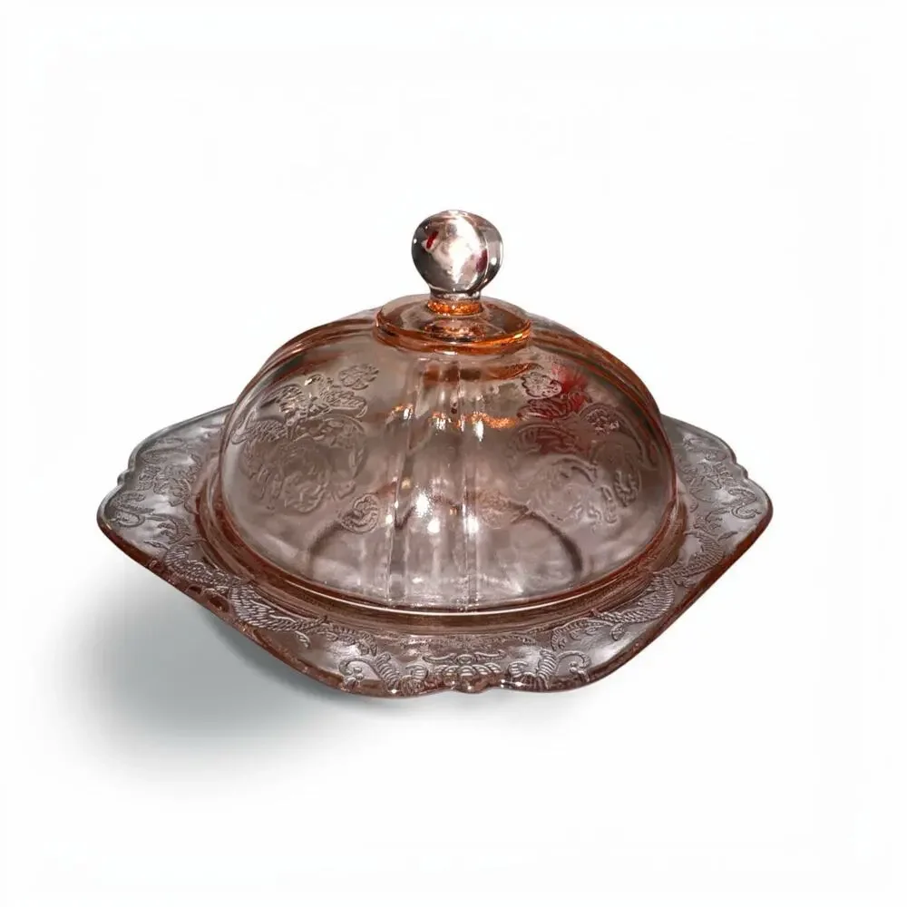 Pink Glass Covered Butter Dish | Vintage Style Floral Etched Serving Dish